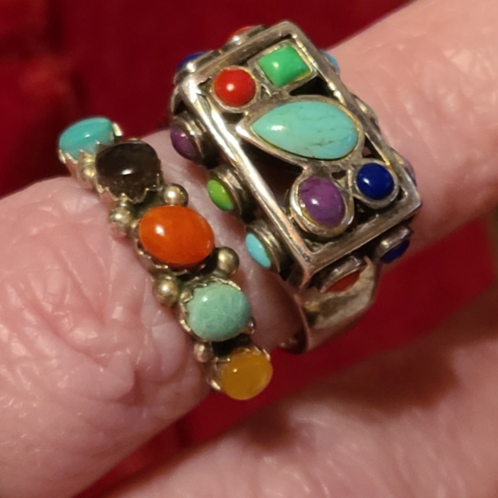 925 Vintage Multi Gemstone Ring 6.5 Band Southwestern Turquoise Sterling Silver - Picture 2 of 12